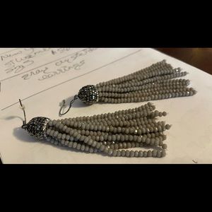 Crystal dangle earrings, black/gunmetal & white caps, hook.